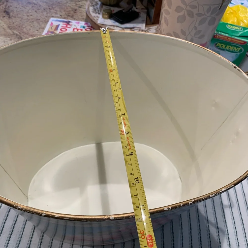 Vintage Metal Toleware Bucket with Handle Floral Pattern with gold Round